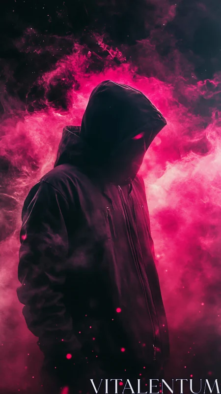 Hooded silhouette in magenta smoke with cinematic rim lighting.