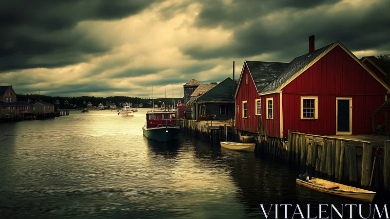 Stormy harbor inlet with red wooden boathouses and boats.