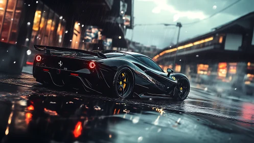 Midnight hypercar prowls neon rain streets in liquid chrome.