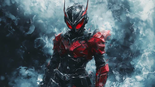 Armored cybernetic warrior with red visor in icy particle storm