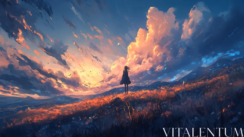 Solitary silhouette under blazing sunset cloud bloom.