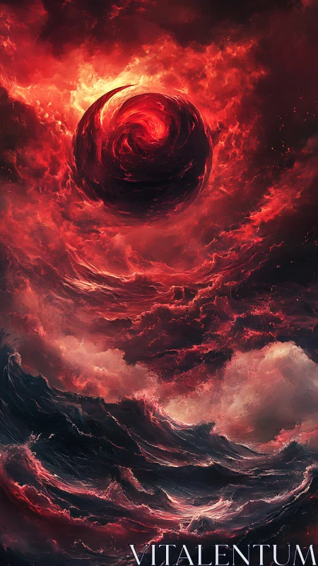 Crimson vortex hangs over storm-tossed infernal sea