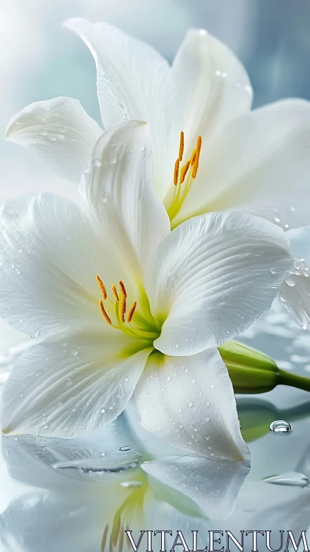 White lilies with water droplets and green stems reflecting in water