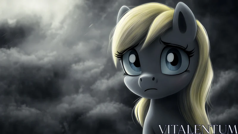 Melancholic cartoon pony beneath storm-laden skies.