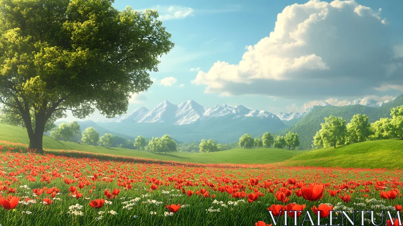 Mountain meadow with red poppies under scattered clouds.