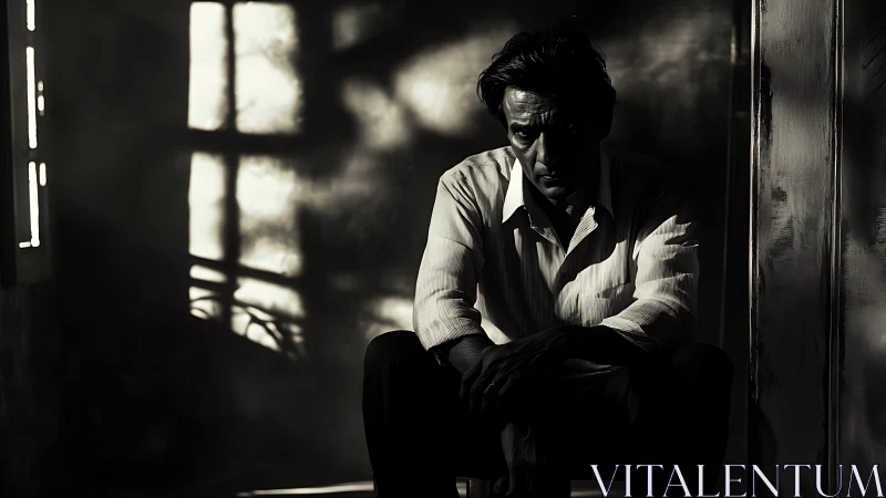 Brooding man in window shadows, stark monochrome portrait.