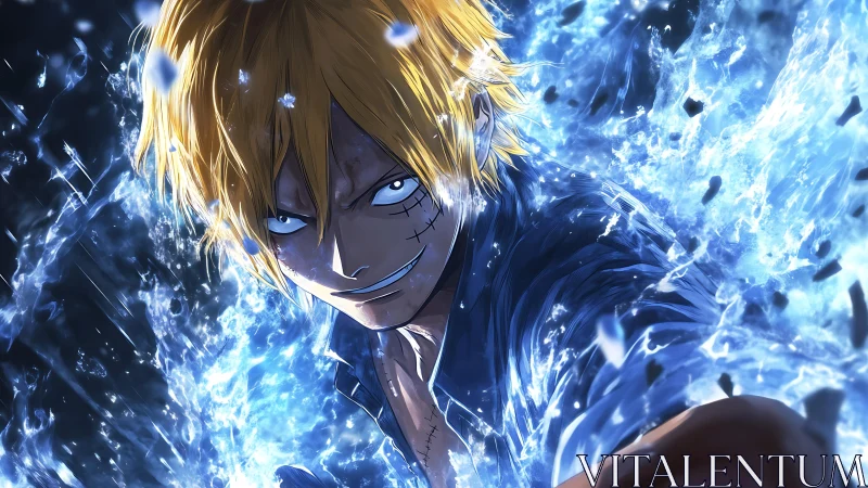 Electric-eyed anime warrior charges through blue energy storm.