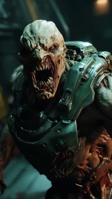 Armored biofiend roars through neon-dim industrial gloom