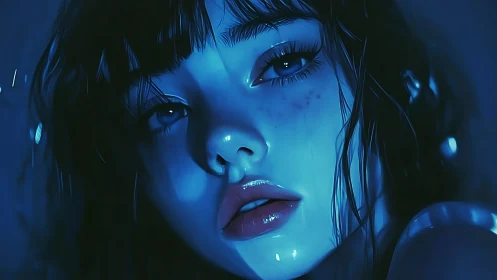 Digital painting portrait in neon blue cinematic close-up lighting.