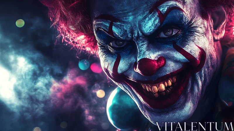 Sinister neon clown portrait under dramatic smoke lighting.