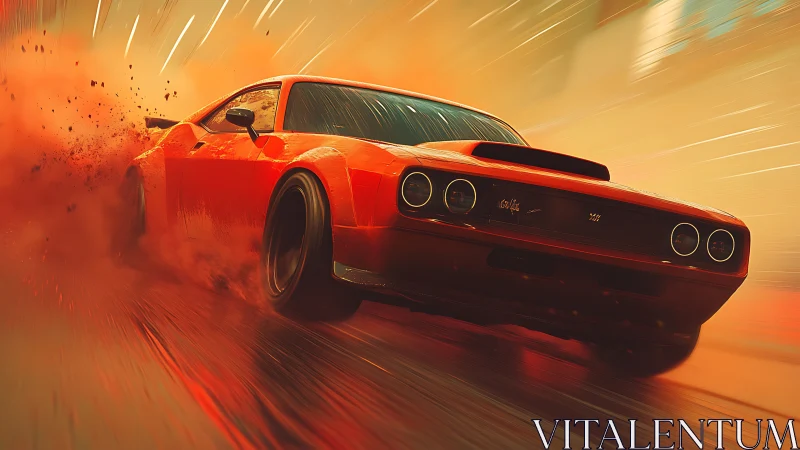 Red muscle car drifting through dust and light streaks scene.