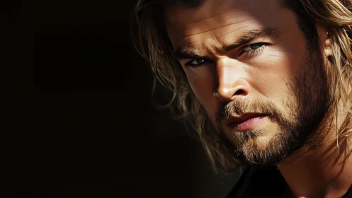 Moody close up of a strong, sunlit bearded portrait.