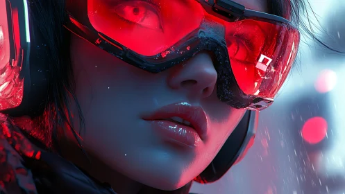 Close-up render depicts subject in red visor under rain