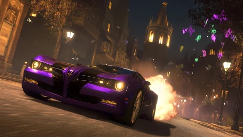 Midnight purple supercar blazes through a spellbound city street