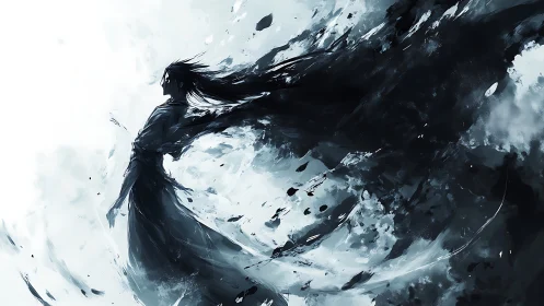 Stormbound silhouette dissolving into abstract ink currents.