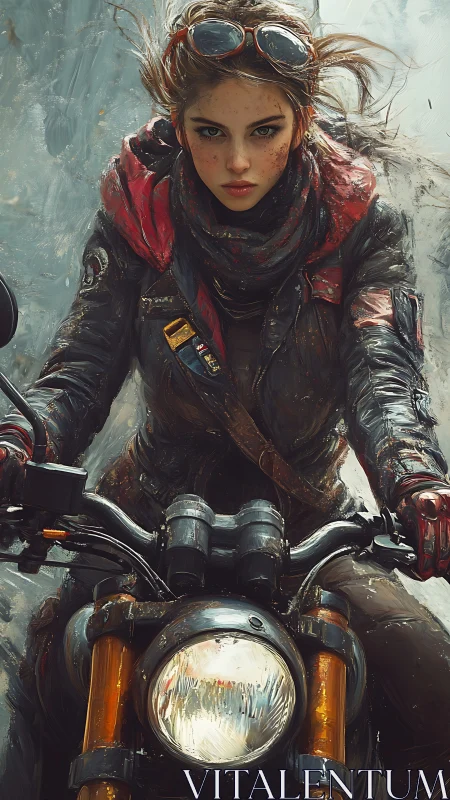 Motorcyclist in weathered gear rides toward the viewer