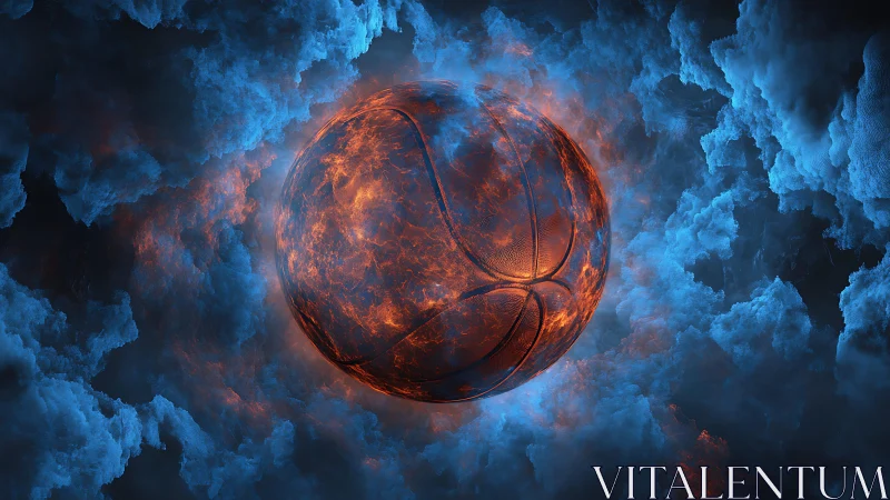 Volcanic molten basketball suspended in ionized blue nebula