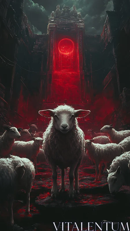 Sacrificial white sheep before crimson occult monolith.