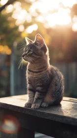 Tabby kitten sits upright on wooden surface at golden hour