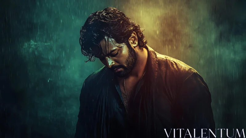 Moody portrait of man in rain with dramatic rim light.