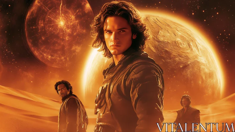 Heroic figure dominates sci-fi desert under twin luminous planets