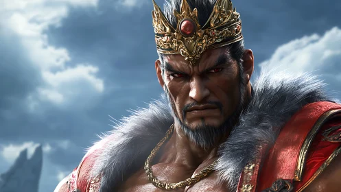 Regal armored warrior with crown in overcast landscape.