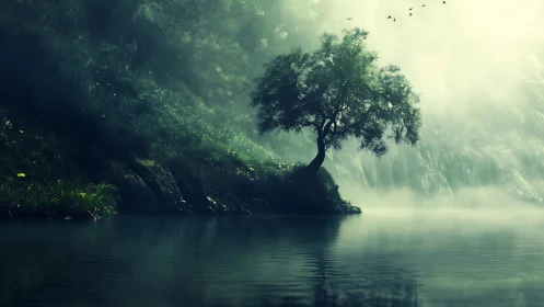 Solitary riverside tree drifts in emerald morning mist.
