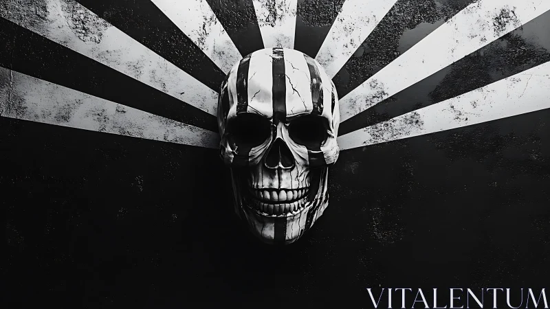 Striped human skull model centered on radial grunge rays