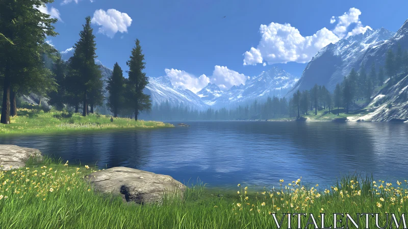 Lake whispers softly beneath bright snow-crowned giants