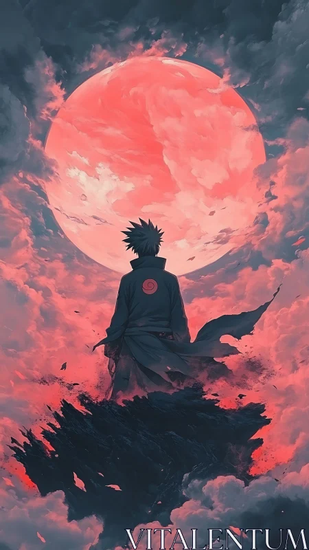 Anime silhouette before crimson supermoon in drifting clouds.