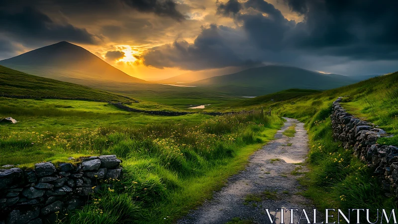Stormlit valley road under dramatic sunset over hills.