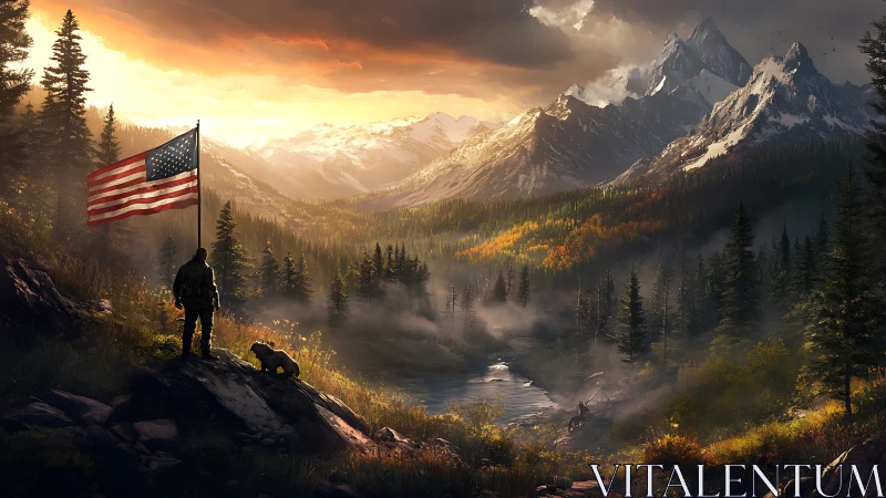 Soldier with US flag overlooking misty mountain valley.