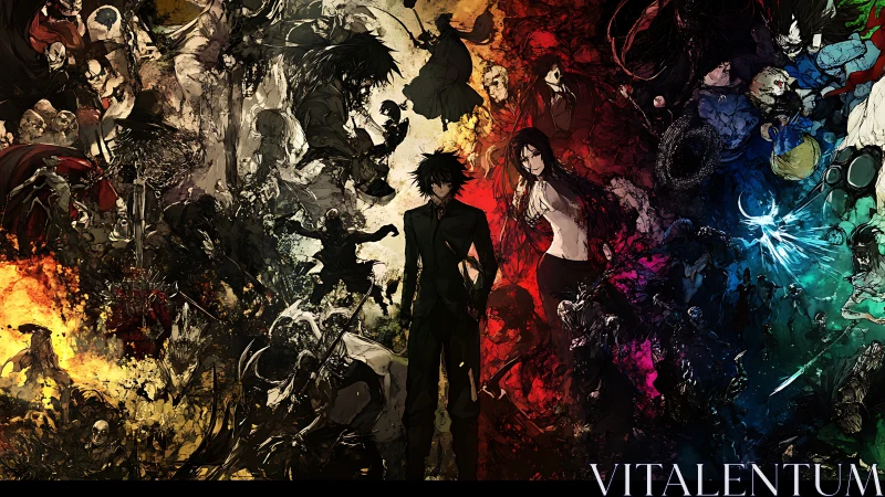 Color-split heroes stand amid swirling chaos and legend