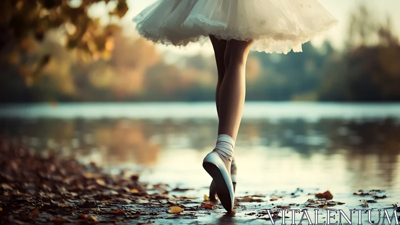 Ballet dancer legs on wet shore with autumn foliage around.