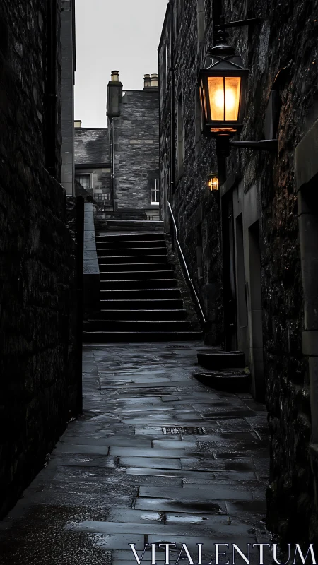 Rain-slick stone alleyway with glowing vintage lanterns.