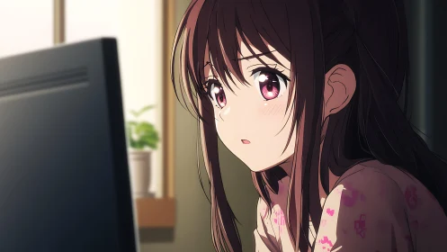 Anime girl watches large monitor in softly lit bedroom