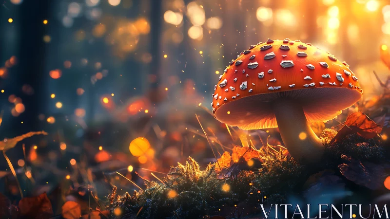 Autumn forest mushroom under cinematic golden rim light.