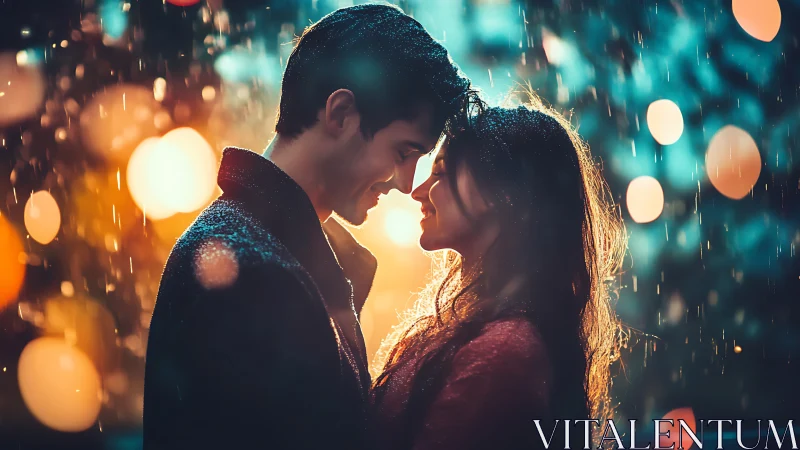 Couple in rainfall with bokeh city lights background at dusk