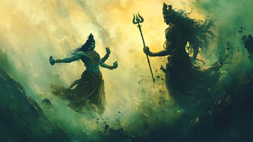 Divine warriors confront in swirling emerald atmospheric haze