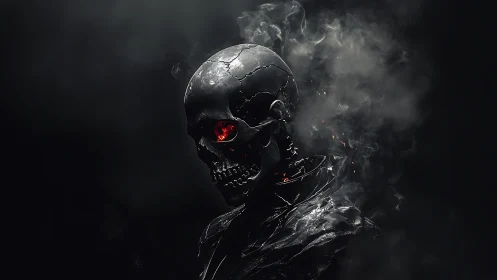 Dark metal skull glows with ember-red eye in swirling smoke.