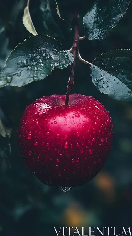 Ruby red garden apple glistening after a soft rainfall.
