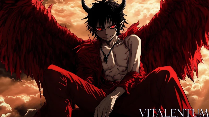 Demonic winged boy sits against burning clouded sky