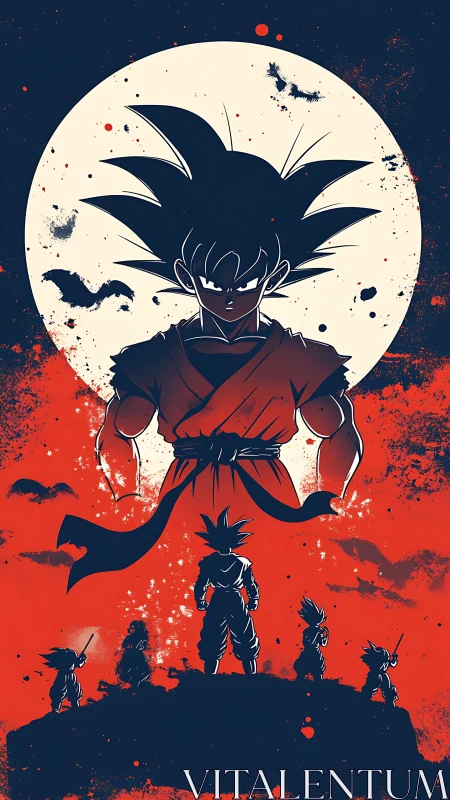 Moonlit warrior ascends amid crimson sky and shadowed echoes.