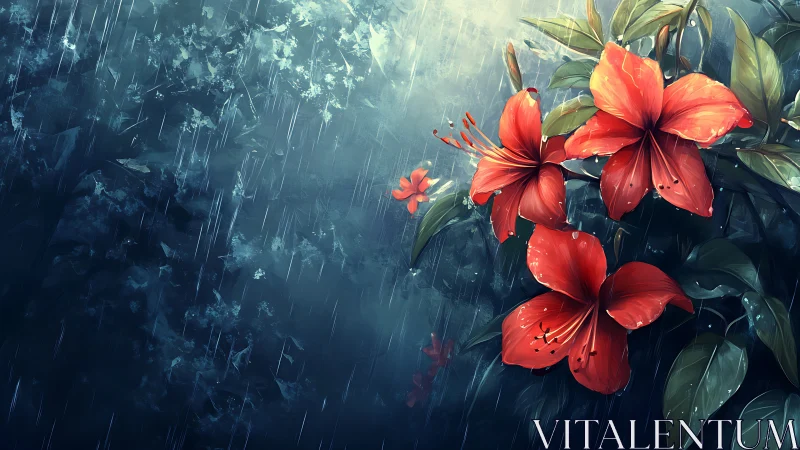 Red Hibiscus Blossoms in Rainfall: Digital Botanical Rendering.
