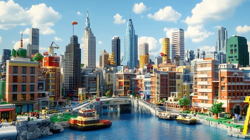 Lego canal cityscape captures vibrant urban waterfront life.