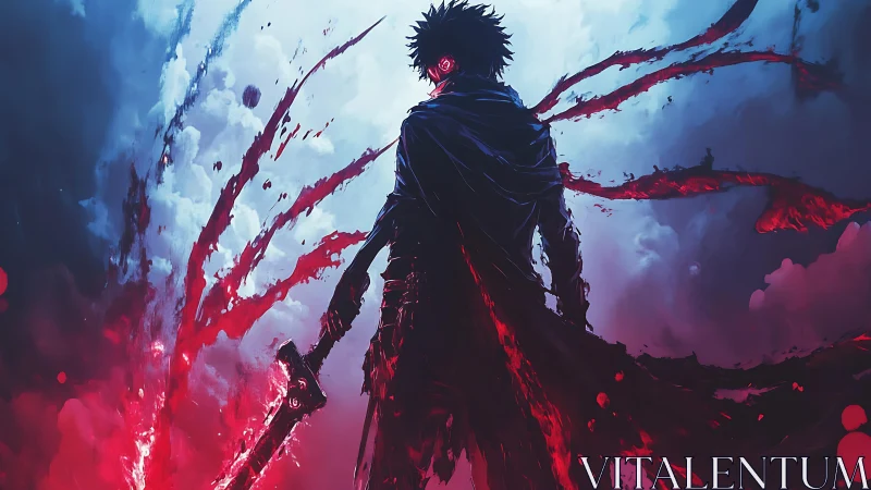 Shadow warrior amid crimson energy in stormlit skyscape.