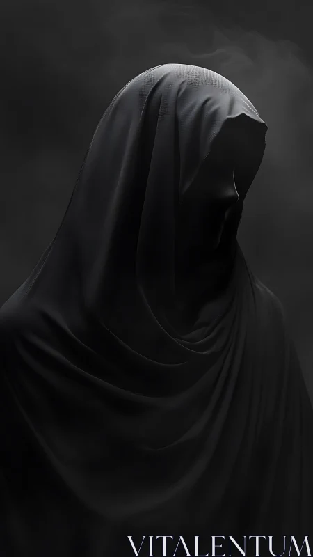 Shrouded silhouette leans quietly into the velvet dark