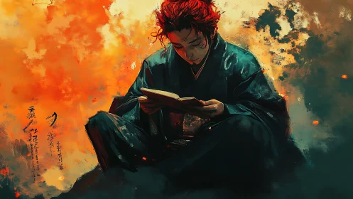 Solitary kimono-clad reader amid turbulent fiery brushwork dynamics