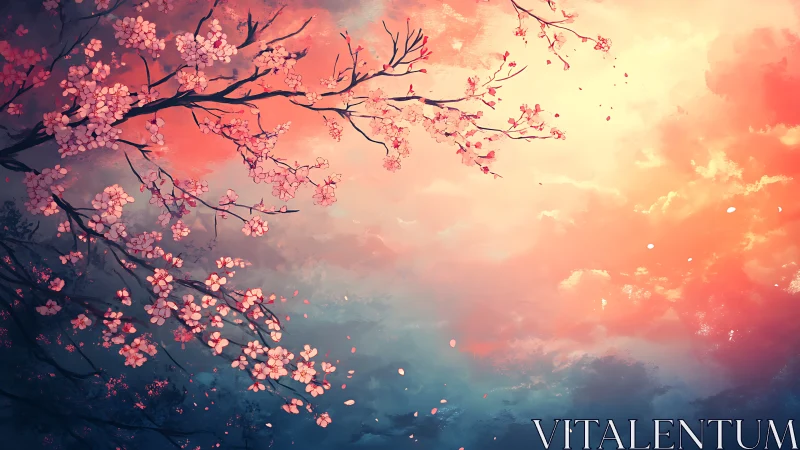 Soft cherry blossoms reach into a glowing pastel sky