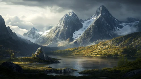Mountain lake landscape shows sharp peaks and mixed lighting